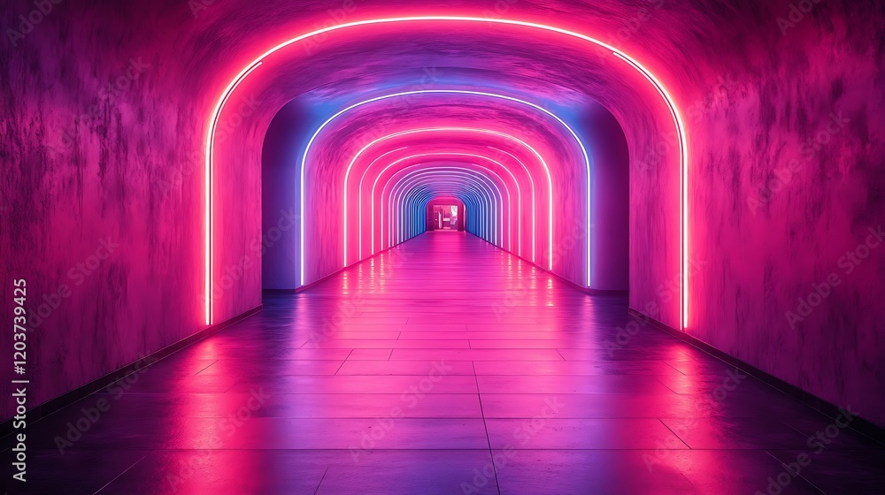 Poster neon tunnel of light: a vibrant tunnel glows with vibrant pink and blue neon lights, creating an all