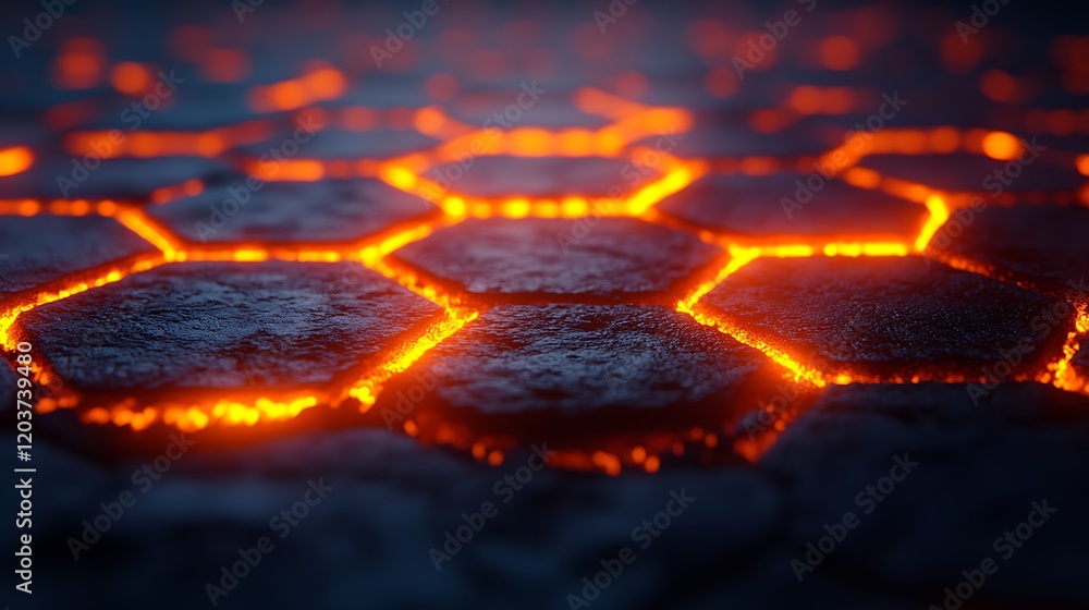 Poster hexagon inferno: a mesmerizing abstract pattern of glowing hexagons formed by molten lava, creating 