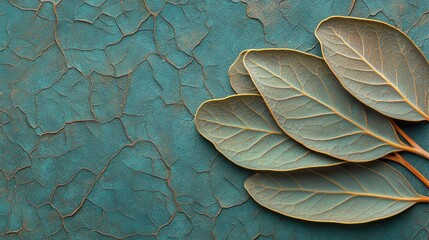 Obraz premium Dried leaves on cracked blue background with textured patterns