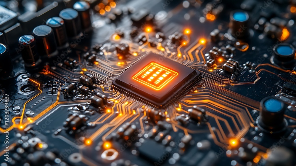 Poster processor power: close-up view of a powerful central processing unit (cpu) glowing brightly on a cir