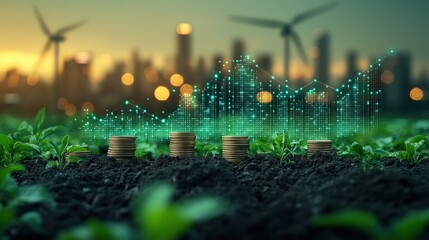 Sustainable growth: coin stacks in soil with renewable energy graph and city skyline