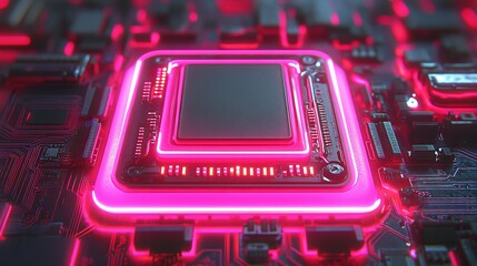 Obraz premium 3D Render of Computer Chip on Circuit Board with Glowing Elements, High-Tech, Digital Innovation, Future Technology, Electronic Engineering