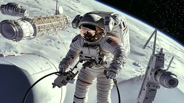 Astronaut Refueling Spacecraft at Futuristic Space Station