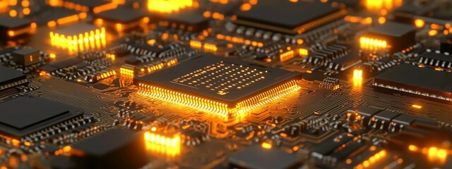 Obraz premium 3D Render of Computer Chip on Circuit Board with Glowing Elements, High-Tech, Digital Innovation, Future Technology, Electronic Engineering