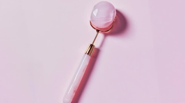 Elegant Rose Quartz Facial Roller on a Minimal Pink Background