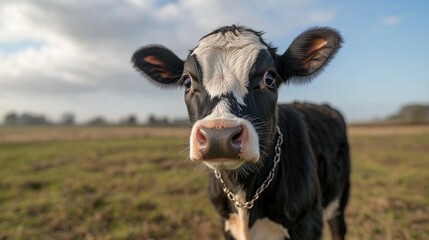 Adorable calf in pasture on a sunny day with blue sky background