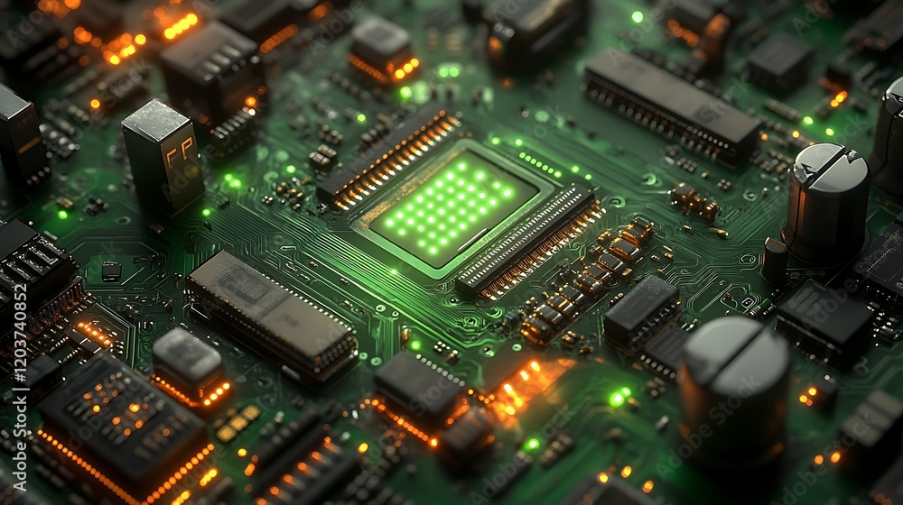 Poster circuit board glow: a close-up view of a circuit board with a glowing green processor in the center,