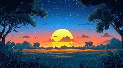 Obraz premium Vibrant sunset over field, star-studded sky, tranquil nature scene, beautiful landscape Generated AI