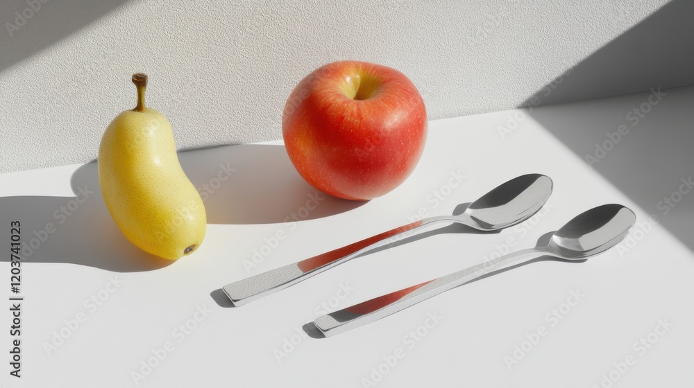 Poster fresh fruits and shiny spoons arranged on a bright surface with soft shadows