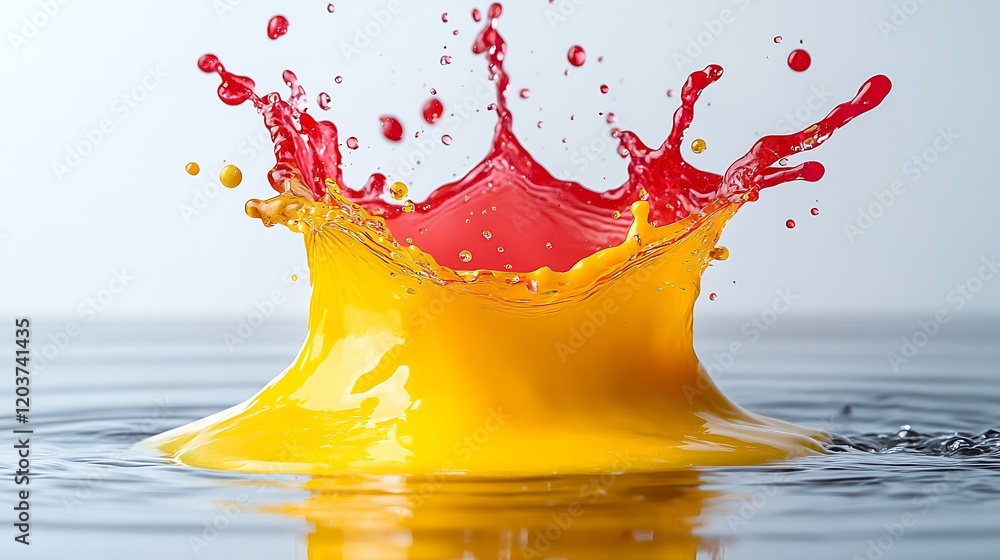 Poster color burst: a vibrant red and yellow paint splash creates an abstract explosion of color, frozen in