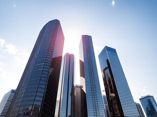 Fototapeta premium Common modern business skyscrapers, high-rise buildings, architecture raising to the sky, sun. Concepts of financial, economics, future etc.