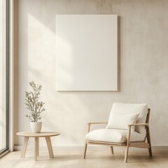 Minimalist interior with blank canvas and cozy armchair near window