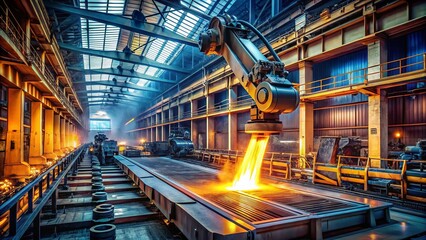 Industrial Robot Bending Metal: Drone View of Automated Manufacturing Process