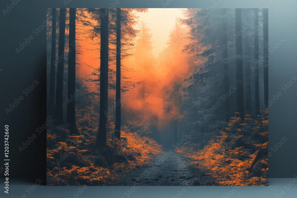 Poster exploring a misty forest path illuminated by warm autumn light in a serene atmosphere