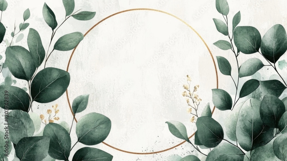 Poster elegant botanical frame with golden circular border and lush greenery