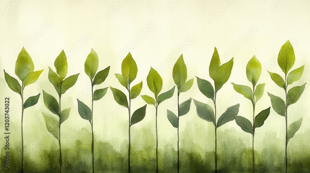 Poster green leaves pattern on watercolor background with soft gradient effect
