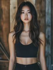 Naklejka premium Elegant Portrait Of A Woman In Black Crop Top Against Rustic Wooden Background