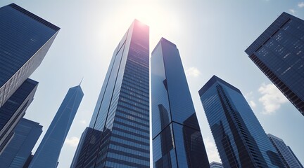Obraz premium Common modern business skyscrapers, high-rise buildings, architecture raising to the sky, sun. Concepts of financial, economics, future etc.