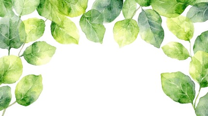 Watercolor green leaves border on white background