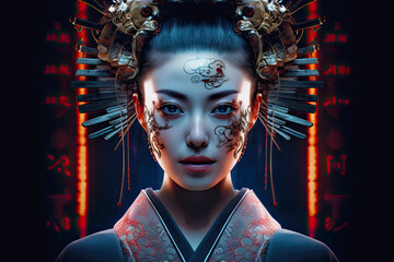 Futuristic Geisha. Generative AI, non-existent person.	