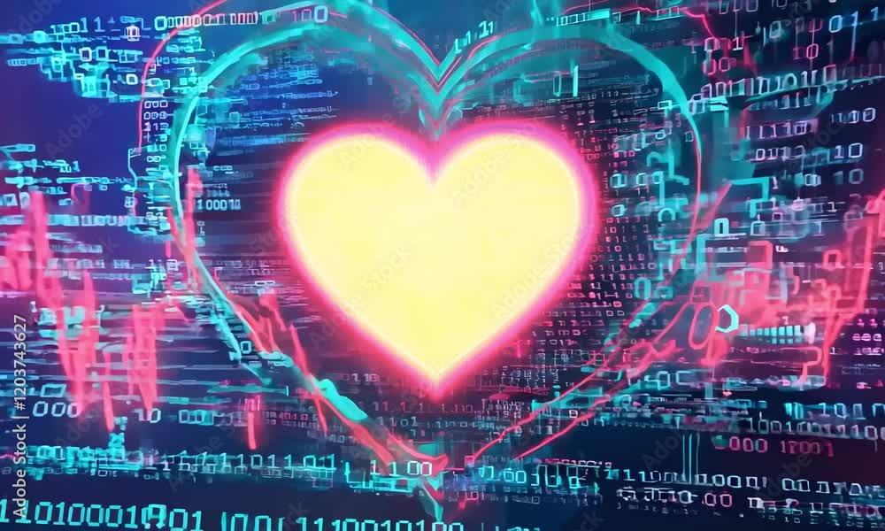 Poster vibrant abstract digital heart: a fusion of colorful light and data patterns in a modern artistic re