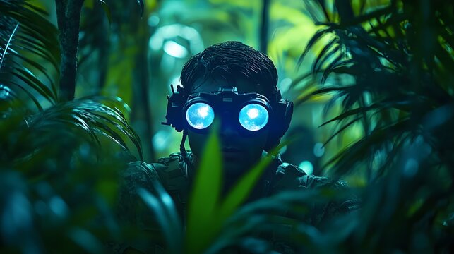A soldier using night vision goggles while patrolling through a dense jungle at night.