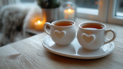 Fototapeta premium Cozy candlelit tea moment with heart-embossed mugs on wooden table by the window
