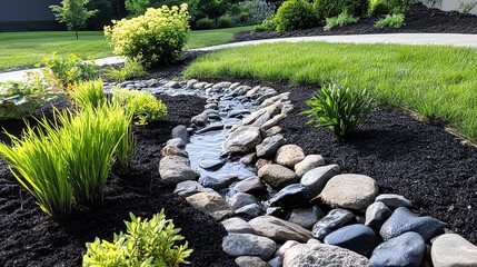 Obraz premium Rain garden with native plants to capture runoff water, filtering it naturally and reducing water waste