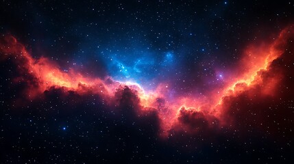 Naklejka premium Cosmic Nebula: A breathtaking image of a vibrant nebula in deep space, showcasing swirling clouds of fiery red and electric blue gas, punctuated by distant stars. 