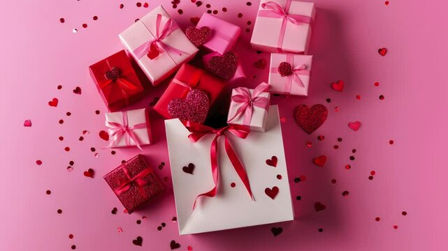 Romantic Gifts and Red Hearts on a Pink Background Decorated with Confetti