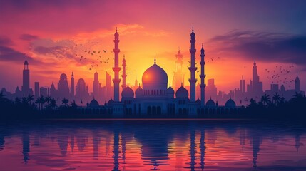Fototapeta premium Majestic Mosque at Sunset over Water Reflecting Arabian Skyline, Generated AI