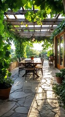 Fototapeta premium Rural patio design featuring flagstone paving, potted plants, and a wroughtiron dining set under a pergola