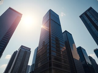 Obraz premium Common modern business skyscrapers, high-rise buildings, architecture raising to the sky, sun. Concepts of financial, economics, future etc.