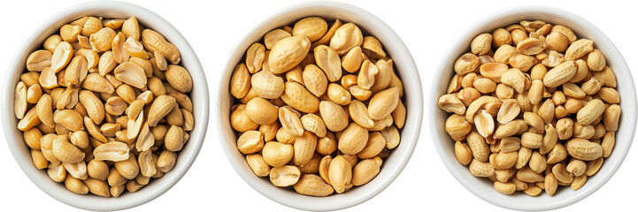 bowl of roasted peanuts isolated on transparent background, each bowl filled with different sizes of roasted peanuts. The peanuts are golden brown and look delicious.  