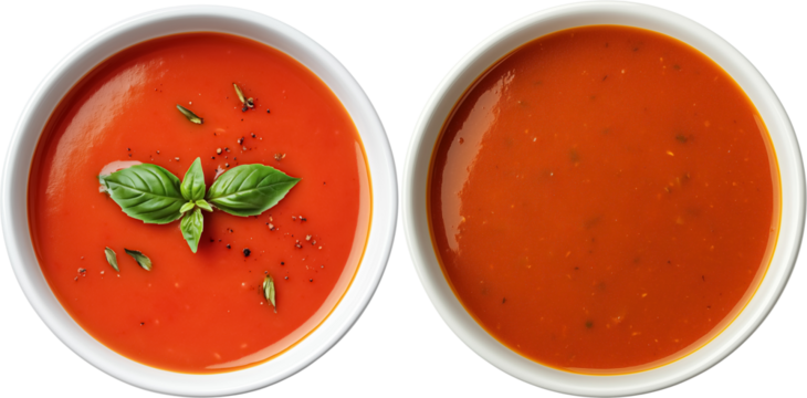 bowl of vibrant tomato soup isolated on transparent background, one garnished with fresh basil.  The rich red color is appealing and suggests warmth and comfort.