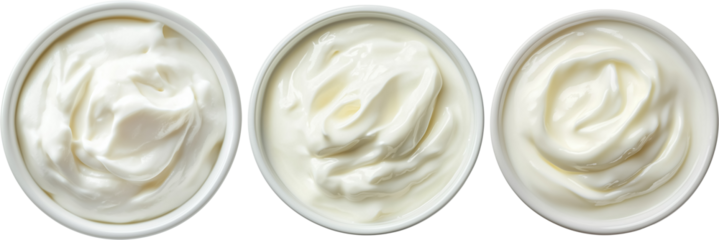 bowl of creamy yogurt isolated on transparent background, each with a unique swirl pattern, viewed from directly above