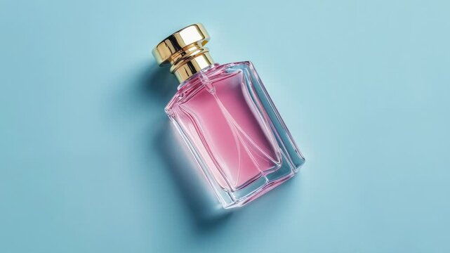 Elegant Pink Perfume Bottle on Blue Background with Minimalist Design