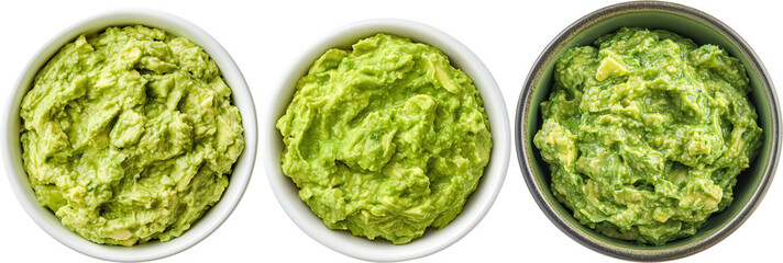 Top view bowl of freshly made guacamole isolated on transparent background, a creamy green dip made from avocado. The dip is perfect for any occasion, and the bowls are ready to serve.  