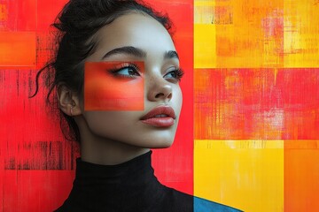 Creative graphic layout featuring a model with bold color blocks in an artistic display