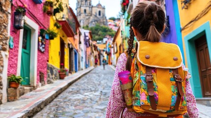 Obraz premium Girl explores colorful cobblestone street, church in background, travel adventure