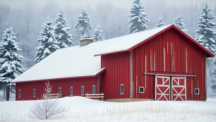 Snow-Covered Red Barn in a Winter Forest - Stock Photo