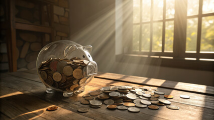 glass piggy bank overflowing with coins on wooden table in sunlight