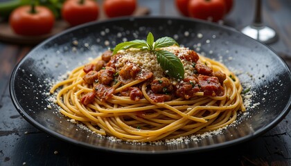 Overhead view of Dark plate with italian spaghetti on  black background 