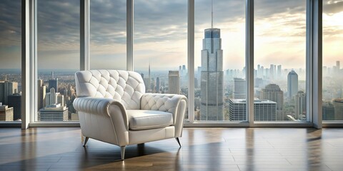 Obraz premium A luxurious, white leather armchair placed in front of a large window with a blurred cityscape outside, interior design, modern, luxury