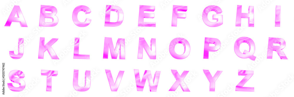 Poster set of 3d alphabet shapes with pink iridescent effect isolated on a transparent background. upper ca