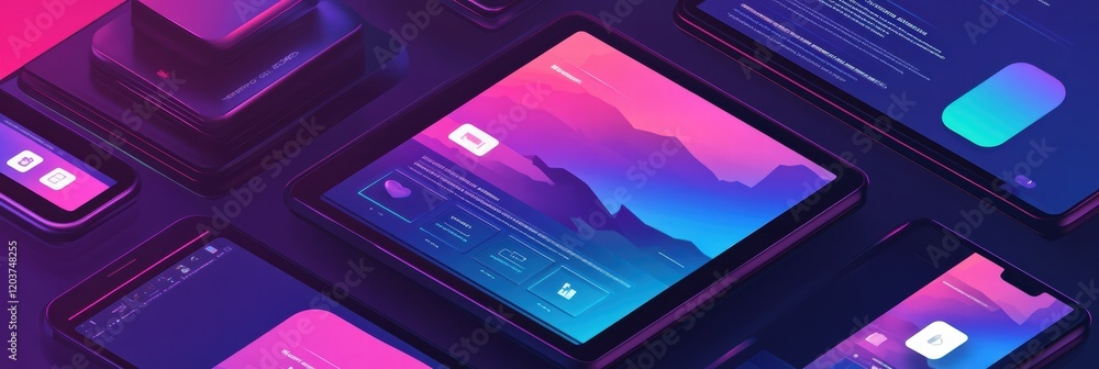 Poster creating modern layouts for isometric website optimization across devices and platforms