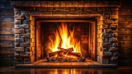 A crackling fireplace on a winter evening with flames dancing across the darkened wooden mantel, hearth, darkness, rustic decor, fire pit, warm glow