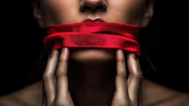 Woman silenced with red ribbon over her mouth on dark background, symbolizing oppression and a call to end patriarchy.