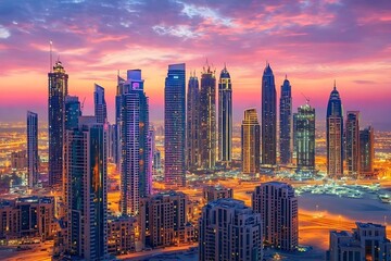 Obraz premium A Stunning Dubai Skyline in the Desert at Sunset.