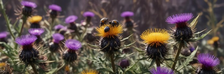 A colony of beetles in shades of yellow and black hovering around the purple flowers of a thistle plant, pollination, insects pollinating, flower